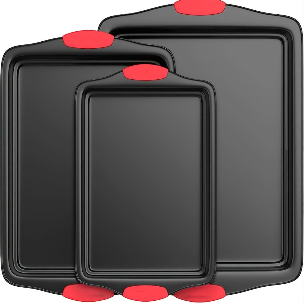 Three-Pan Gray Baking Sheet Set or Nine-Piece Kit with Six Utensils and Red Silicone Grips