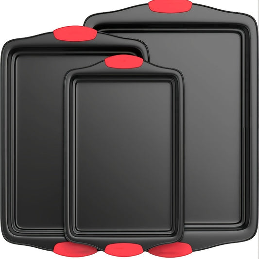 Carbon Steel Nonstick Baking Pan Set 3 or 9pcs Commercial Grade Restaurant Quality Nonstick Inside and Outside Oven Baking Pan with Red Silicone Handle Gray