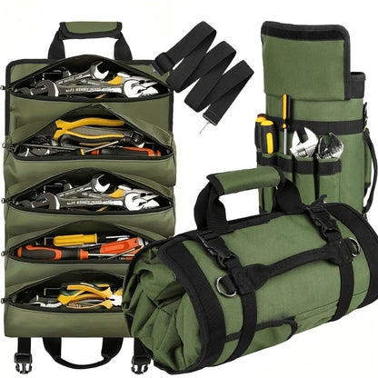 Collapsible Tool Roll Organizer Bag in Green or Black with Multiple Pockets and Carry Handles