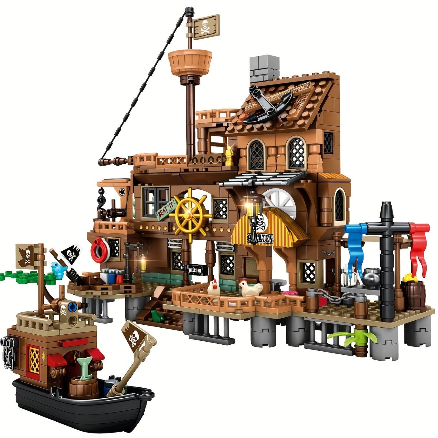 Pirate Wharf Building Blocks Set with 573-Piece Source Record, Model 1547, Boat, Dock and Multi-Level Supply Center