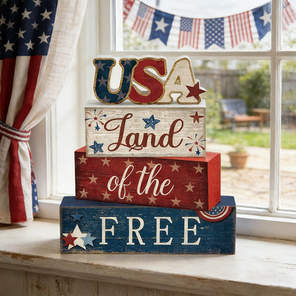 Land of the Free Patriotic Block Sign with Red, White and Blue Three-Tier Tabletop Shelf Design