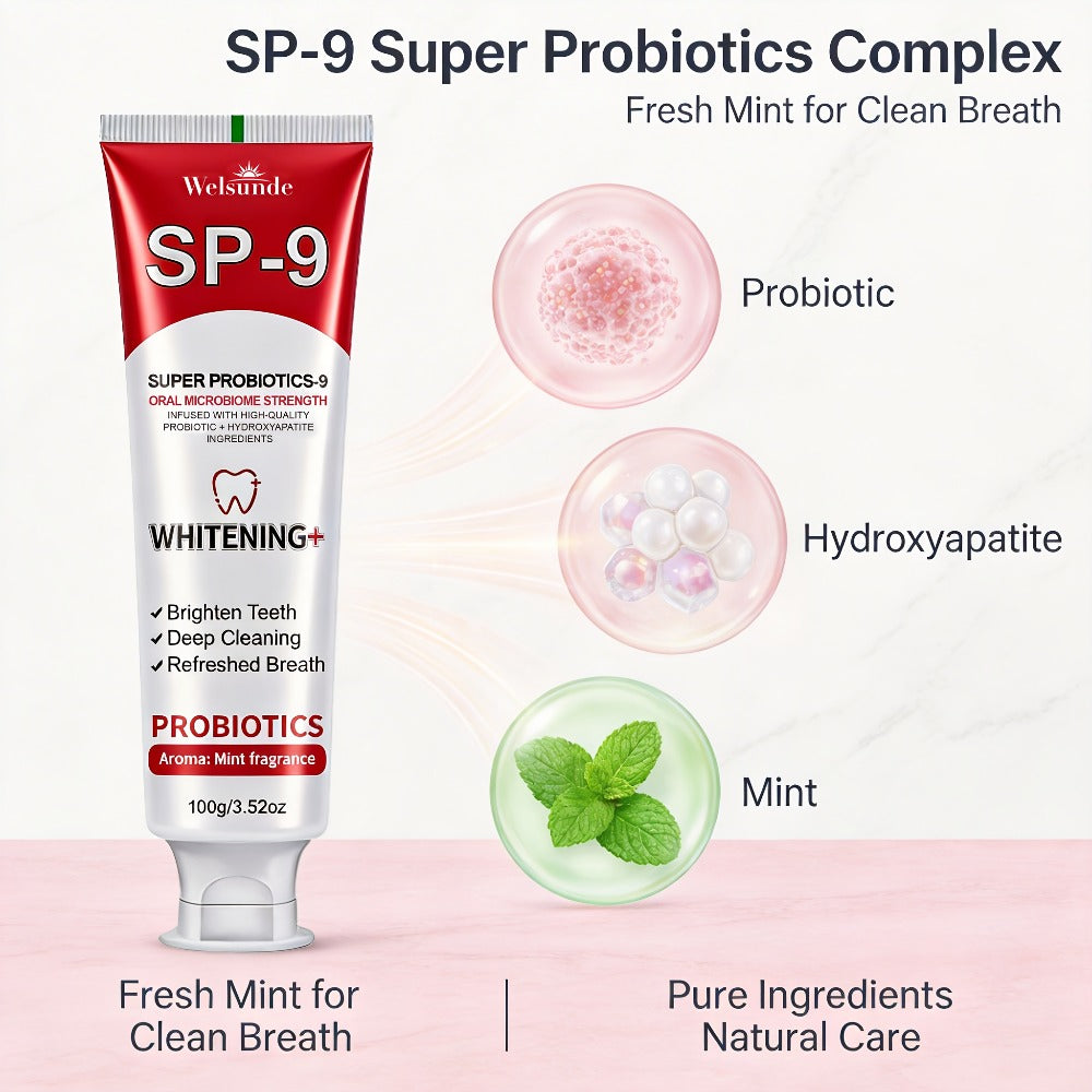 100g Mint SP-9 Toothpaste Tube with Probiotics Complex and Hydroxyapatite Highlighted on Label