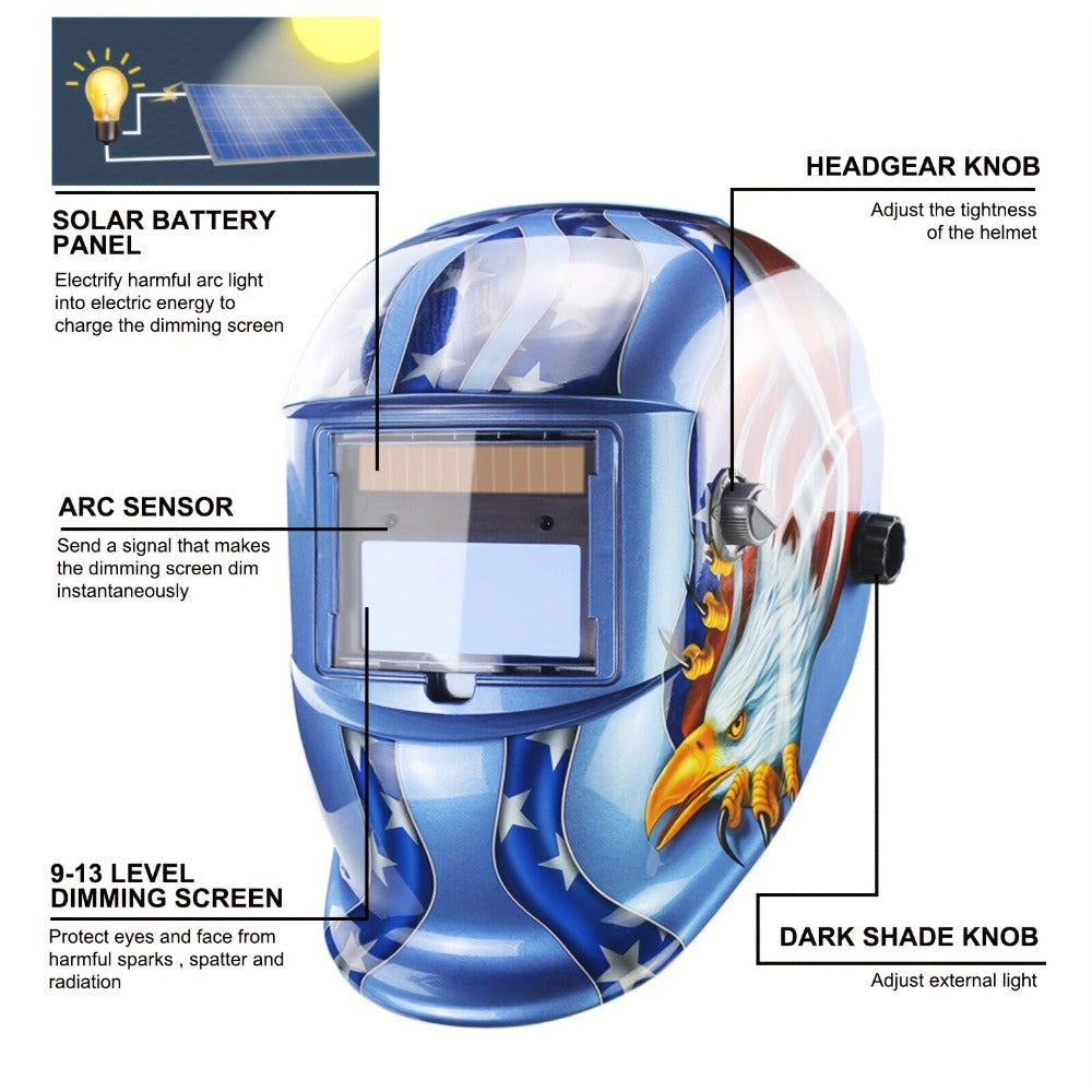 Auto-Darkening Welding Helmet Solar Powered True Color – Wide View DIN 9-13 Adjustable, 1/25000s Response, Lightweight Welder Headgear for TIG MIG MMA Plasma