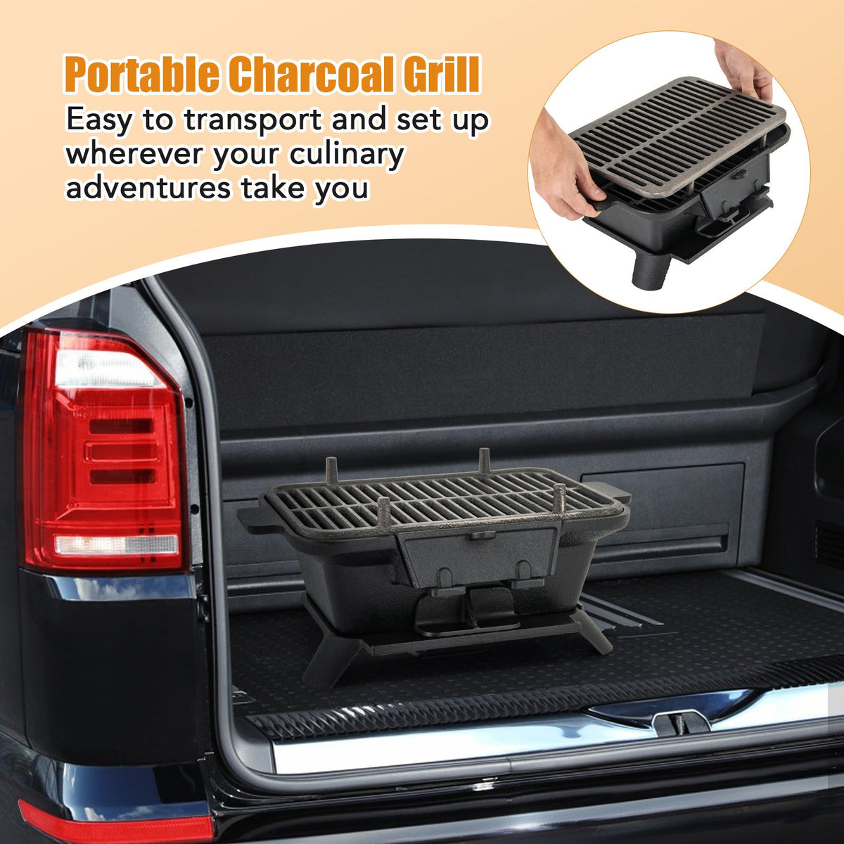 Cast Iron Charcoal Grill Portable Hibachi Tabletop BBQ Grill 16x11in Double-Sided Grate for Grilling, Camping and Outdoor Meals