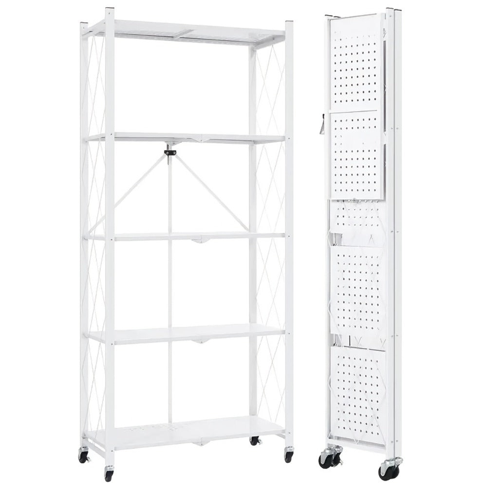 Foldable Rolling Storage Shelf in Three, Four or Five-Tier Options with Black or White Finish