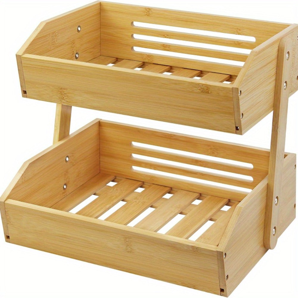 Fruit Rack Kitchen Organizer 2 or 3 Tier Natural Bamboo Freestanding Basket Shelf with Two Hooks