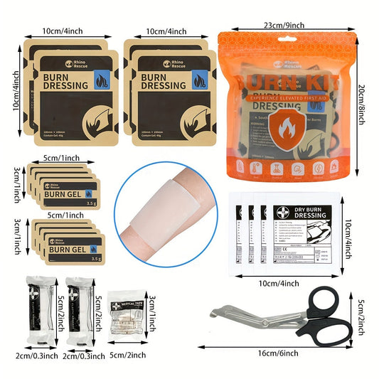 Burn Dressing Kit Emergency First Aid – Rhino Rescue Burn Care Kit with Hydrogel Burn Dressings, Portable Orange Case for Home Outdoor Workplace Camping Survival