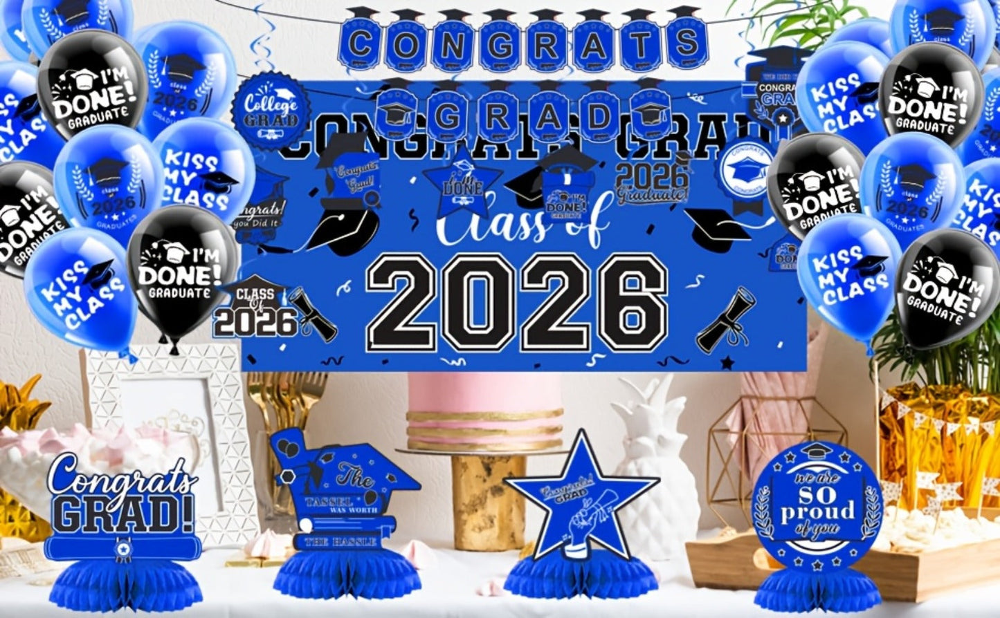Party Decorations Class of 2026 Graduation Set with Backdrop, Banner, Swirls and Table Pieces in Five Colors