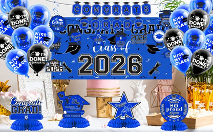 Party Decorations Class of 2026 Graduation Set with Backdrop, Banner, Swirls and Table Pieces in Five Colors