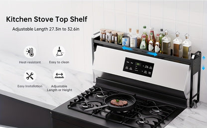 Expandable Stove Shelf Kitchen Organizer with 27.4-32.7-Inch Width, Adjustable Height and Utility Hooks