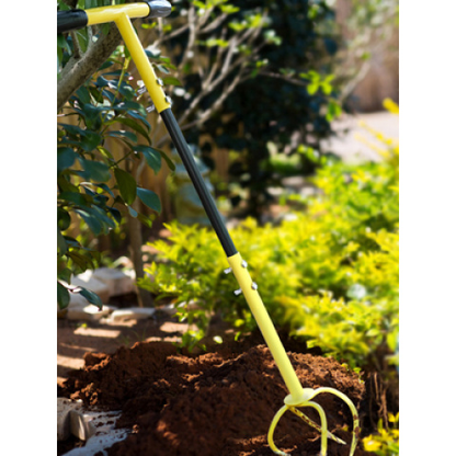 Yellow Manual Twist Tiller with Four Curved Soil Claws, T-Handle and Detachable Three-Section Shaft