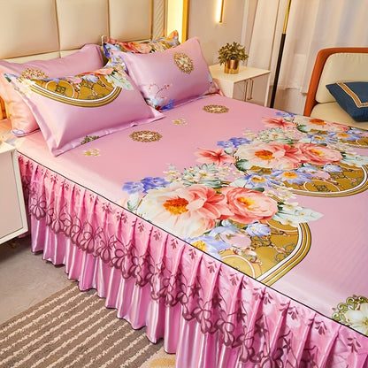 Ruffled Floral Bedspread Mat Set with Two Pillowcases, Twin to King Sizes and Four Pattern Choices