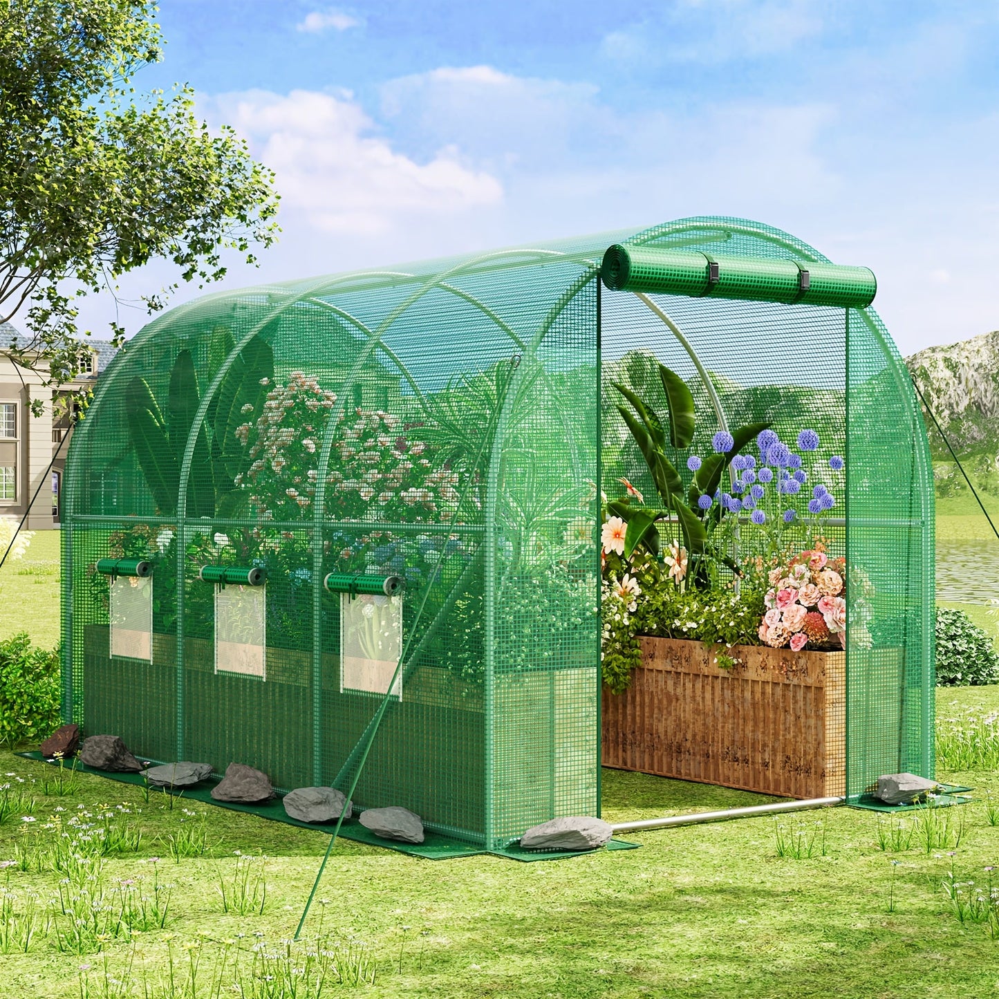 10 x 6.6 x 6.6 Foot Walk-In Greenhouse with Two Zippered Screen Doors and Six Windows in Two Colors