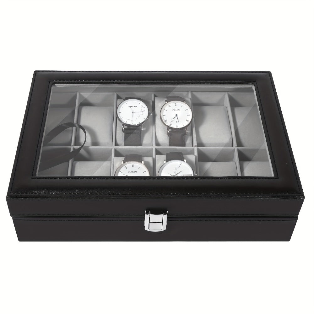 Black and Gray 12-Slot Watch Box with Glass Display Lid, Removable Pillows and Metal Clasp