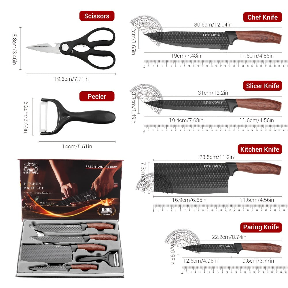 Kitchen Knife Set Professional Stainless Steel with Wooden Block – Hammer Textured Chef Knives, Self-Sharpening, Scissors Included, Gift Box Ready for Valentine's Day, Wedding & Housewarming