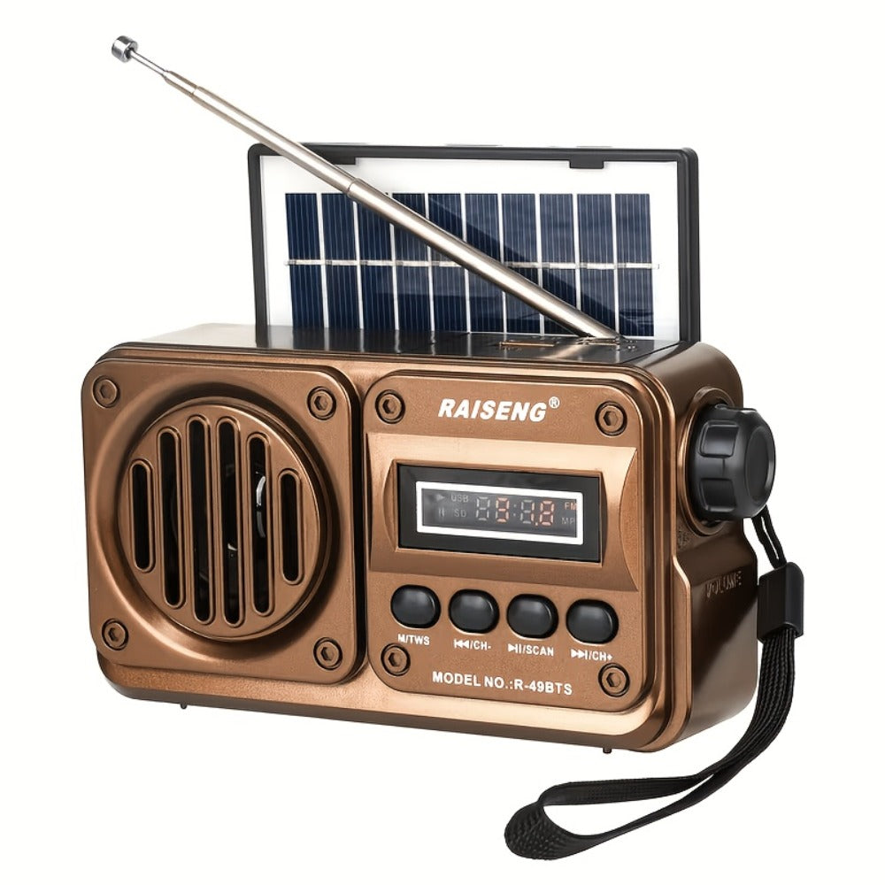 Retro FM Radio Speaker with Solar Panel, Bluetooth, USB and TF Card Playback in Black or Brown