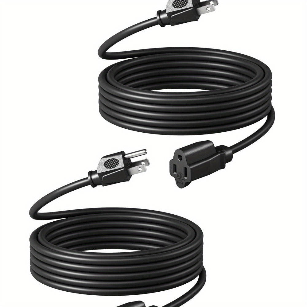 Two-Pack 20-Foot 16/3 Extension Cords in Black with Grounded Three-Prong Plug and Single Outlet
