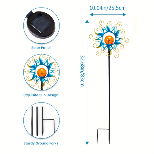 Solar Garden Lights Blue Sun-Shaped LED Stake, IPX4 Rated with Separate Solar Panel for Path Decor