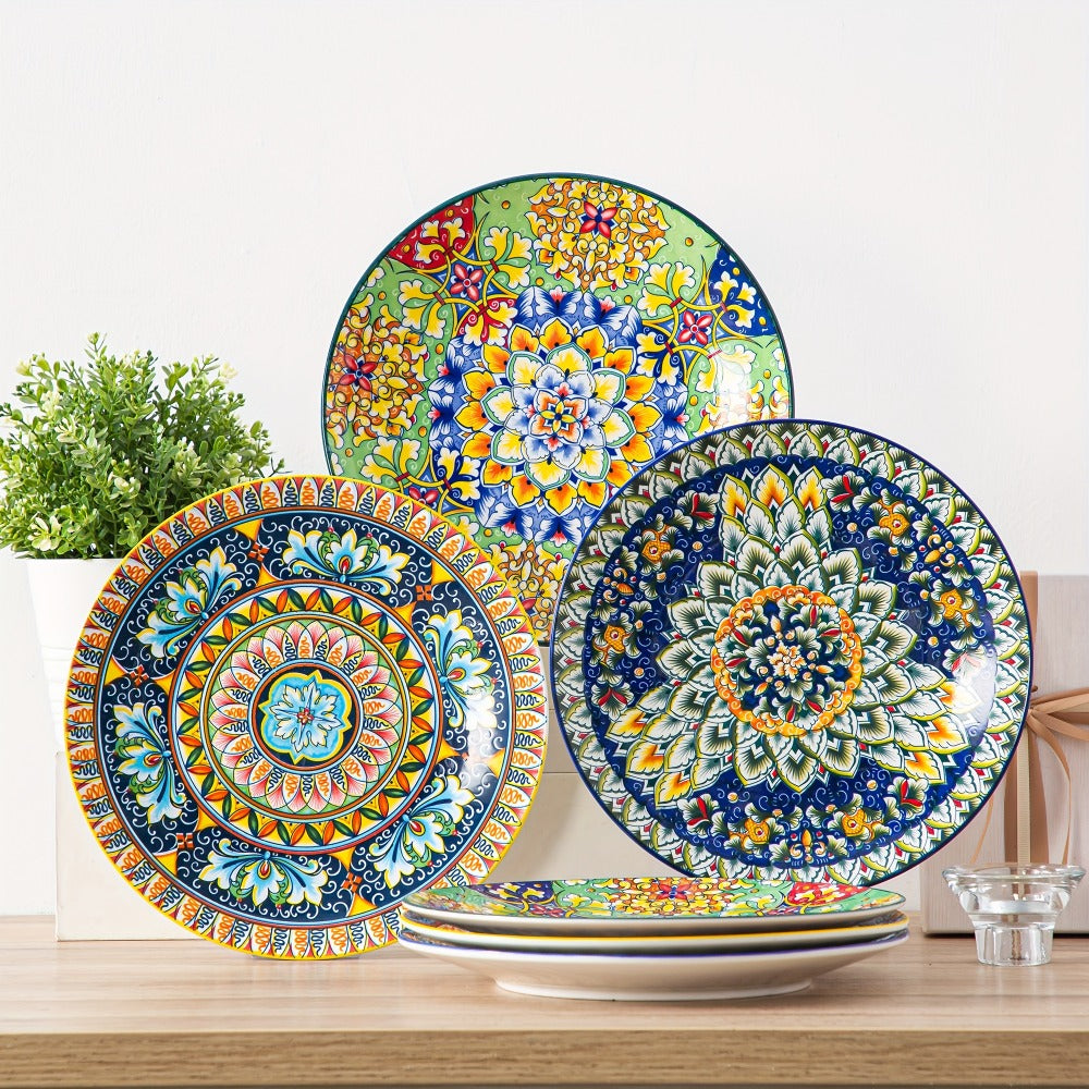 Six-Piece Bohemian Dinner Plate Set with 10.5-Inch Colorful Patterned Plates in Two Style Options