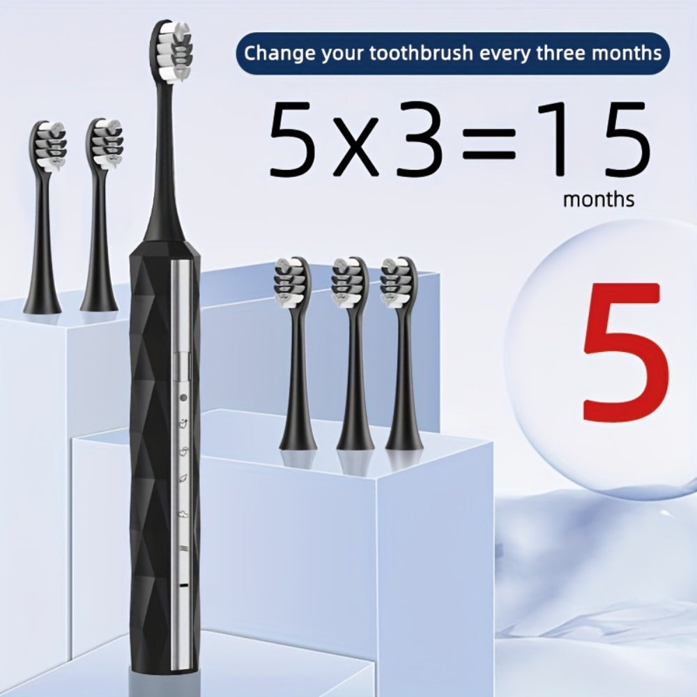 Electric Toothbrush with IPX8 Rating, Five Brush Heads, Metal Handle, USB Charging and Two-Minute Timer