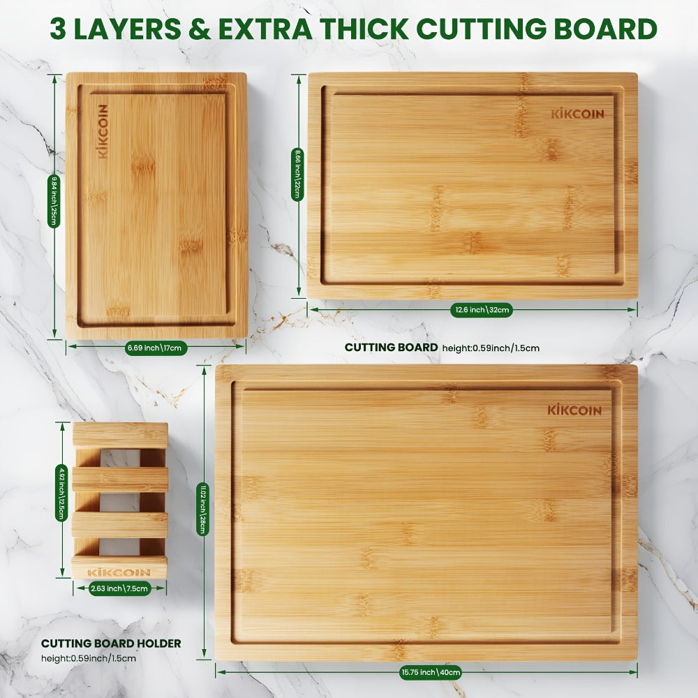 Four-Piece Bamboo Cutting Board Set with Graduated Sizes, Juice Grooves and Storage Rack Included