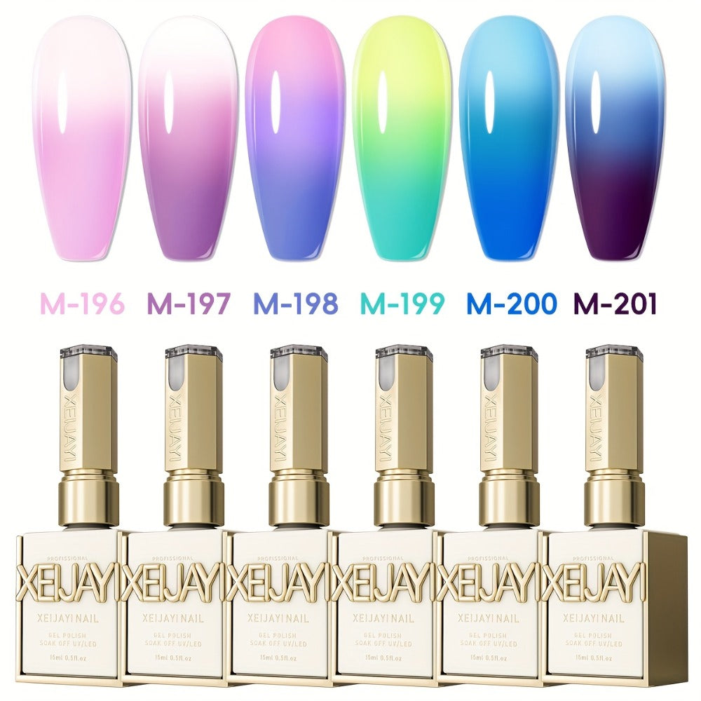 Gel Nail Polish Thermal 6-Color Set with Heat-Reactive Glitter, Frame Bottles and UV/LED Cure