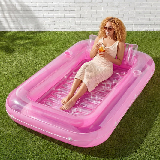 Inflatable Tanning Pool Float Pink White 4-in-1 Suntan Tub Raft for Women – Large 70"x46" Sunbathing Lounger with Pillow, Ball Pit & Pool Party Lounge, Stylish Floating Relaxation Bed