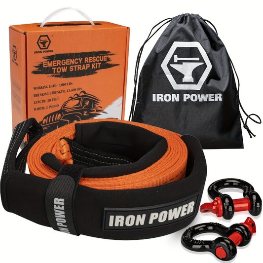 Tow Strap Kit 2" x 20ft - Heavy Duty Emergency Towing Rope with 2pc 1/2" D-Ring Shackles for Off-Road Recovery, Truck, SUV & 4x4 Vehicle Rescue