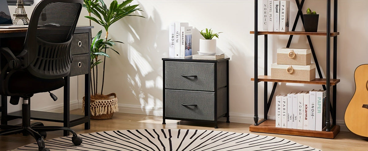 Nightstand with 2 Storage Drawers, 20" Bedside Table with Wooden Top & Fabric Cabinet, Steel Frame Mini Dresser for Bedroom