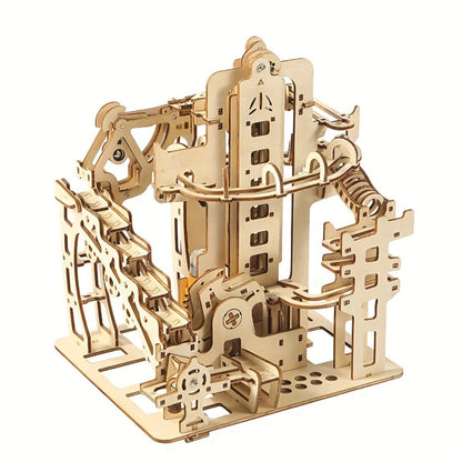 Wooden Marble Track Model Kit with Dual-Linkage A or B Builds, Laser-Cut Panels, Gears and Ball Rails