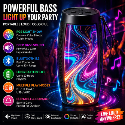 Portable Bluetooth Speaker with 5.1 Surround Sound, Stereo Bass Subwoofer, Dynamic RGB Lighting, Hi-Fi Lossless Audio, Long Battery Life, for PC Tablet Smartphone Parties Travel Entertainment