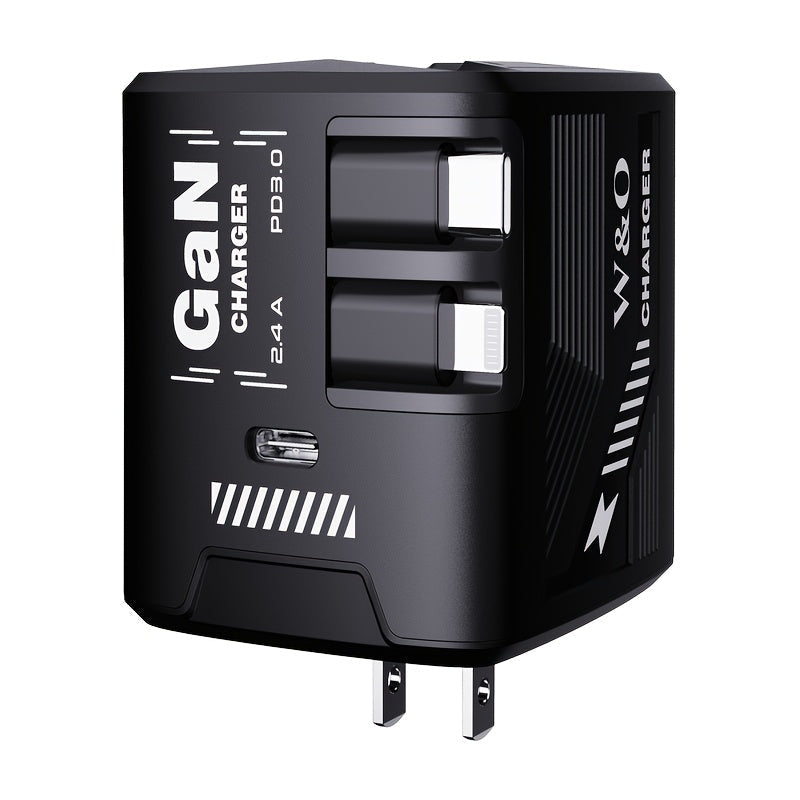 GaN Wall Charger 120W Fast with Retractable Built-In Cable & Foldable Plug – Compact Portable Travel USB-C Adapter for iPhone 17 16 15 14 Pro Max, Samsung Galaxy Ultra, Android Devices, 6 Colors