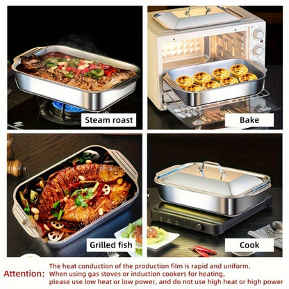 Stainless Steel Deep Baking Tray with Lid 4-Piece Set, 1.59 Gallon Rectangular Roasting Pan with Handle Lids, 16-Inch Dishwasher Safe Deep Tray for Fish BBQ Spaghetti, 2 Trays + 2 Lids