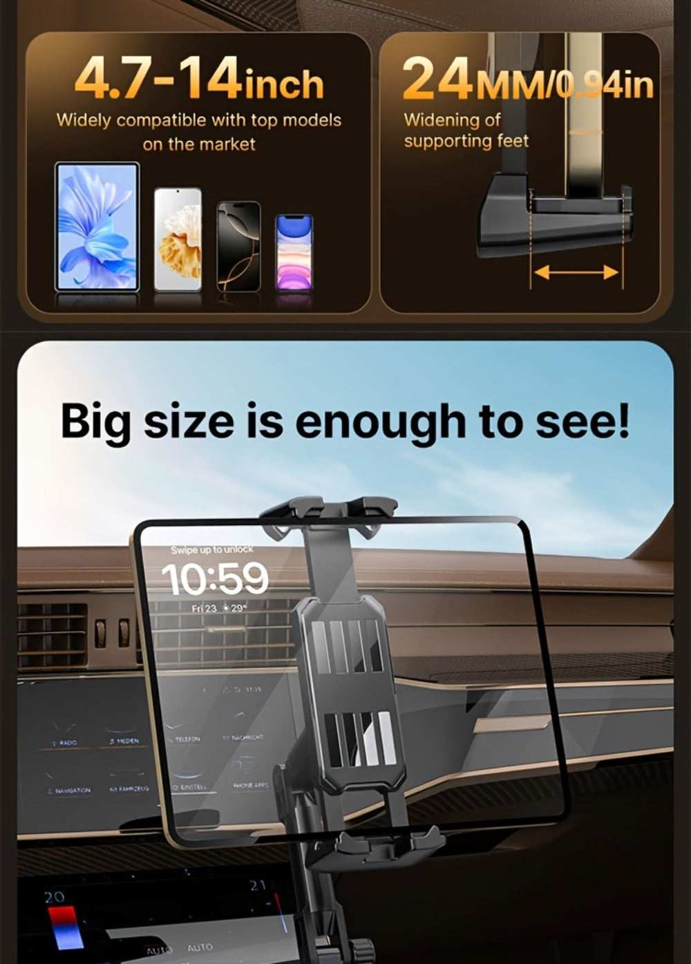 TP08 Cup-Base Car Phone Mount with Expanding Lower Base and Adjustable Clamp for 4–13-Inch Devices