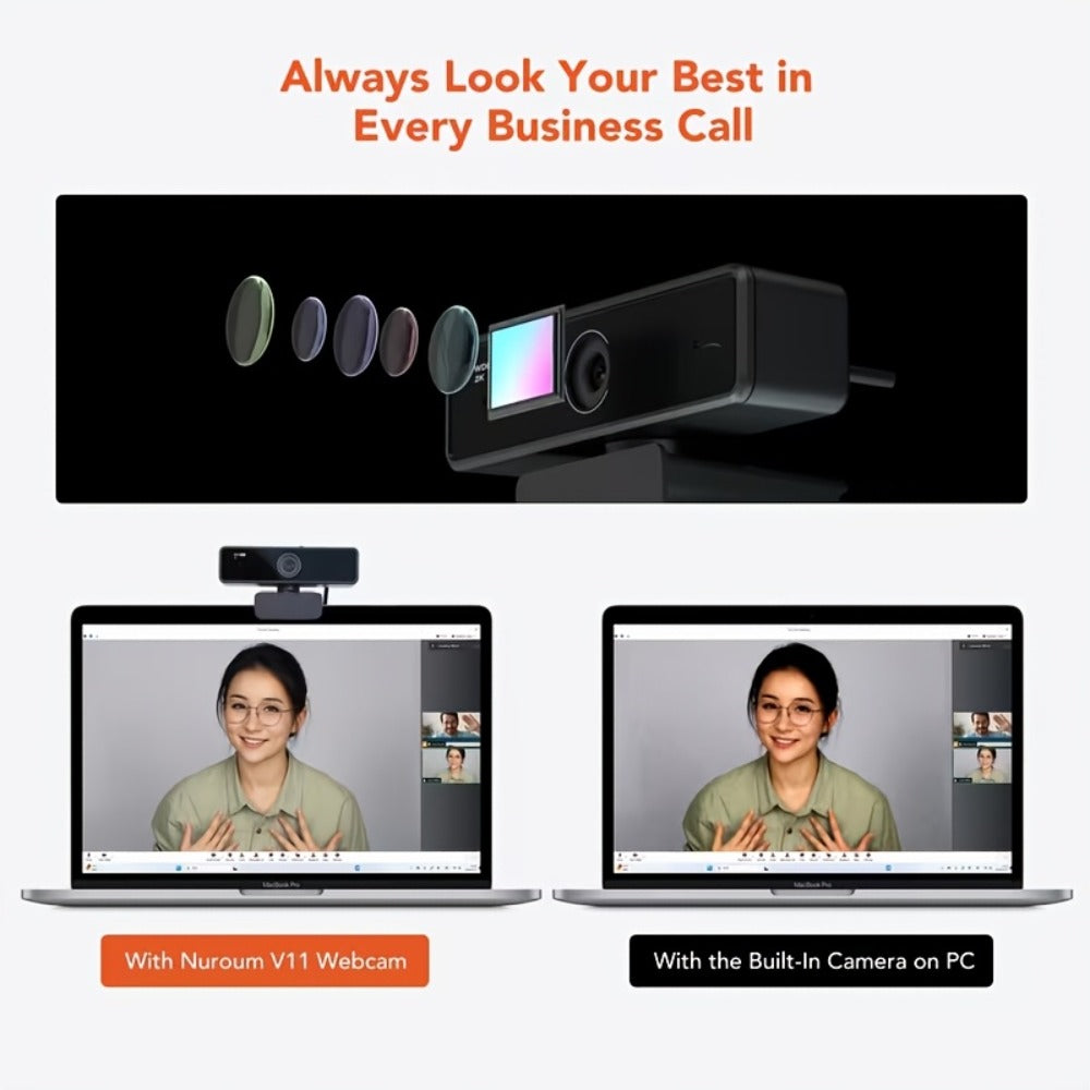 2K Webcam with Dual Microphone for PC Laptop, Nuroum V11 1440P HD USB Conference Camera, 360° Rotatable, Auto Light Correction, Privacy Cover, Works with Zoom Meet Teams Skype, Plug and Play