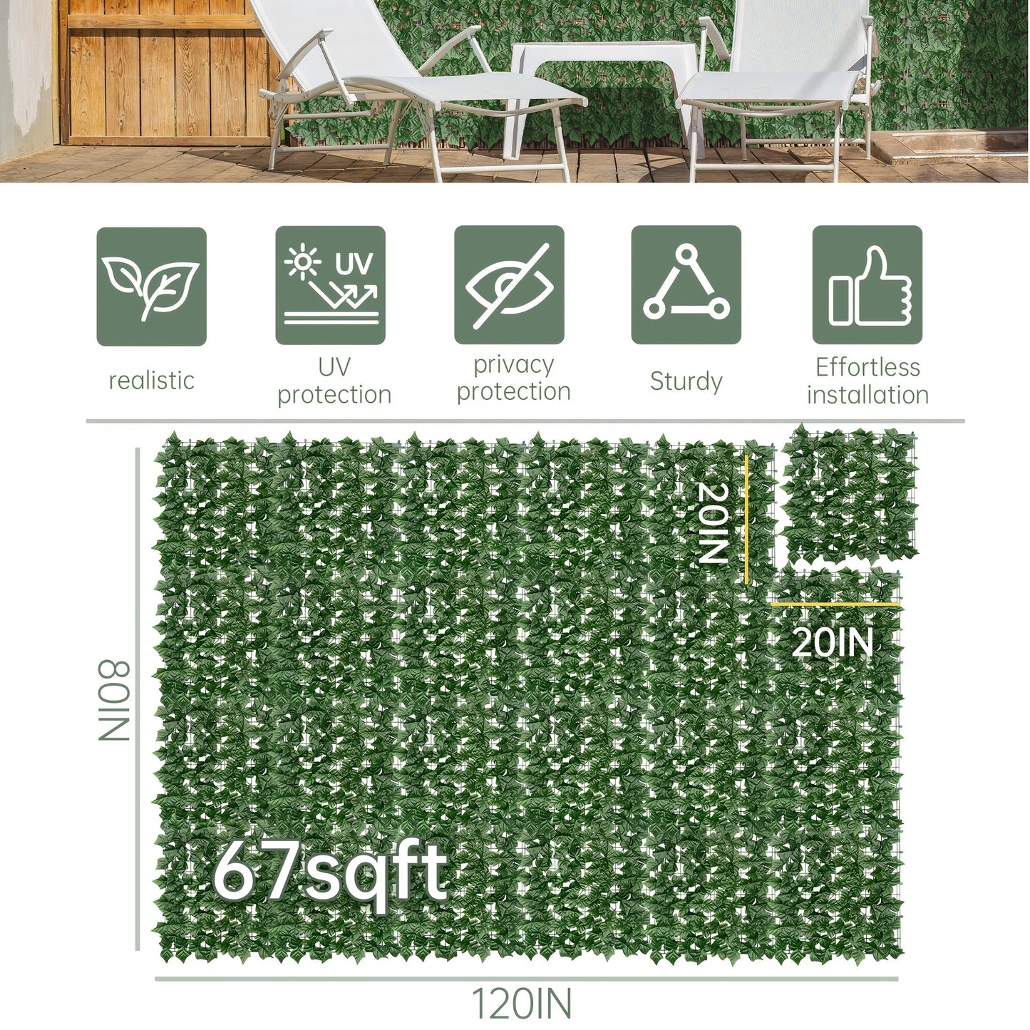 Artificial Ivy Privacy Fence Screen in 13 Size Options with Cuttable Green Leaf Panels for Patio or Balcony