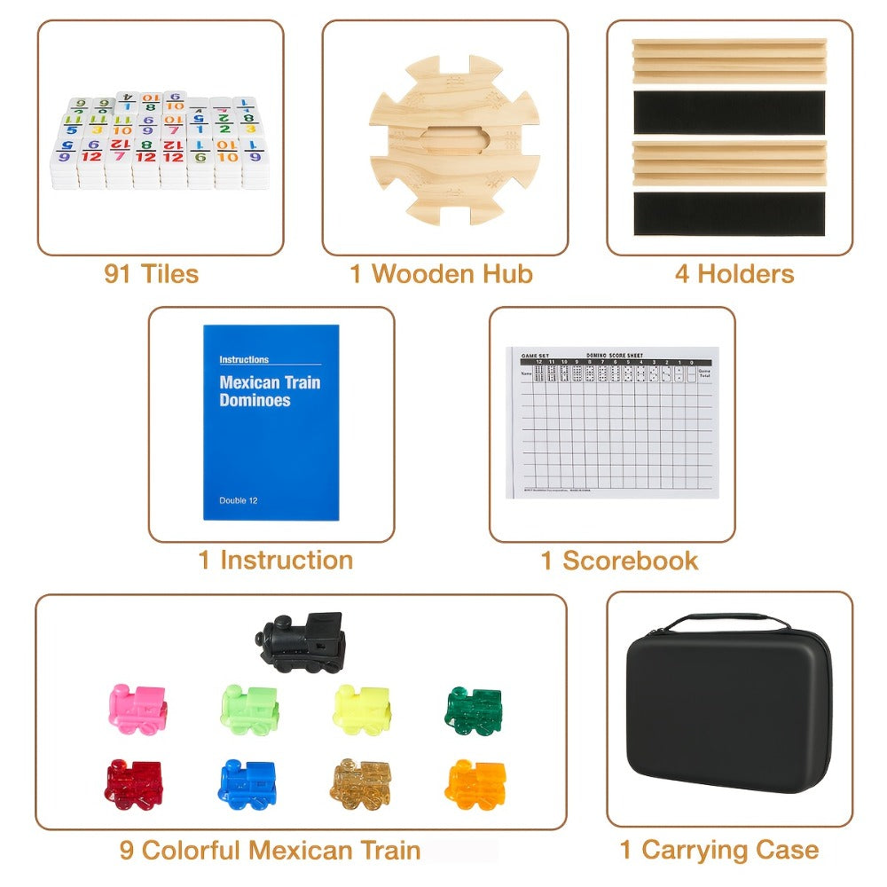 Mexican Train Dominoes Double 12 Set – 91 Colorful Tiles, 9 Metal Trains & 4 Wooden Racks, Complete Strategy Board Game with EVA Travel Case for Family Game Night, Adults & Kids, Classic Christmas & Holiday Gift