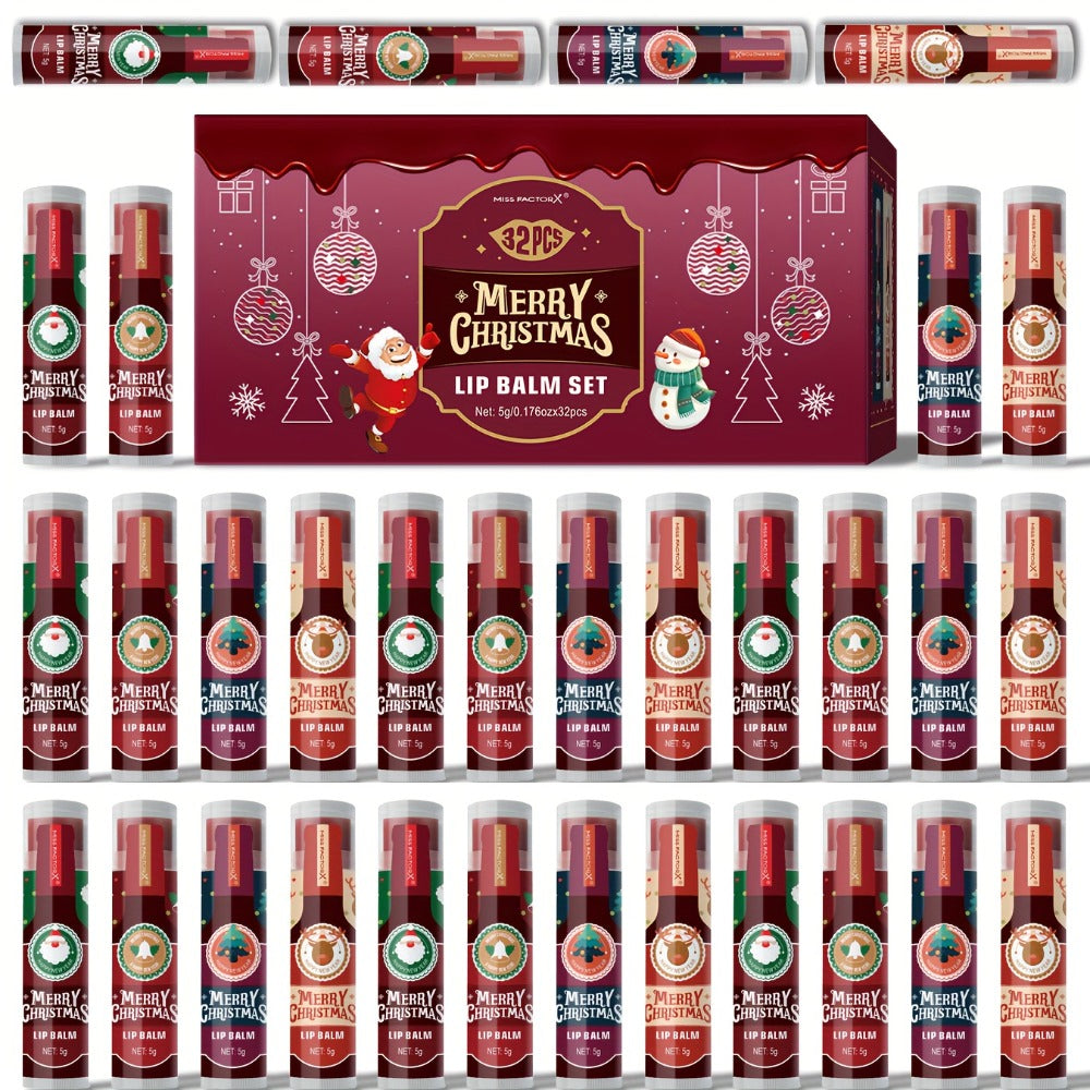 MISS FACTOR 32-Piece Lip Balm Set with Individually Capped Tubes in Red Christmas Gift Box