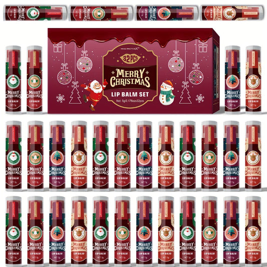 Christmas Lip Gloss & Balm Set 32 Pcs — MISS FACTOR Holiday Gift, Long-Lasting Hydrating Smudge-Proof Formula, Lipstick-Like Tubes, Festive Stocking Stuffer for Women Girls & Beauty Lovers
