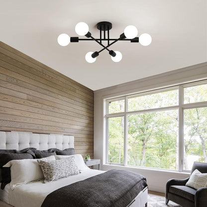 Sputnik Chandelier 6-Light Black Industrial Ceiling Light Fixture Semi Flush Mount for Bedroom Dining Room Living Room Kitchen