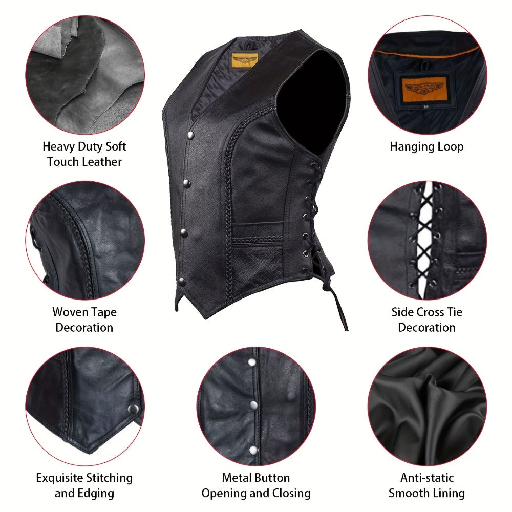 Women's Leather Motorcycle Vest – Concealed Carry Pockets, Lace-Up Sides, Metal Eyelet Accents, Adjustable Straps, Edgy Biker Style, Black, Sizes XS to XXXXXL