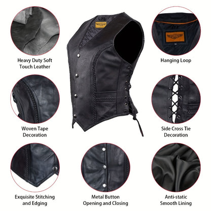 Women's Leather Motorcycle Vest – Concealed Carry Pockets, Lace-Up Sides, Metal Eyelet Accents, Adjustable Straps, Edgy Biker Style, Black, Sizes XS to XXXXXL