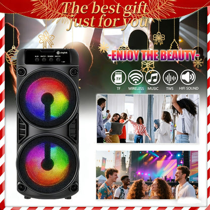 10 Inch Portable Bluetooth Speaker with RGB LED Lights & FM Radio - Heavy Bass Dual Drivers, USB Charging, Outdoor Camping Speaker, Holiday Gift for Family Friends