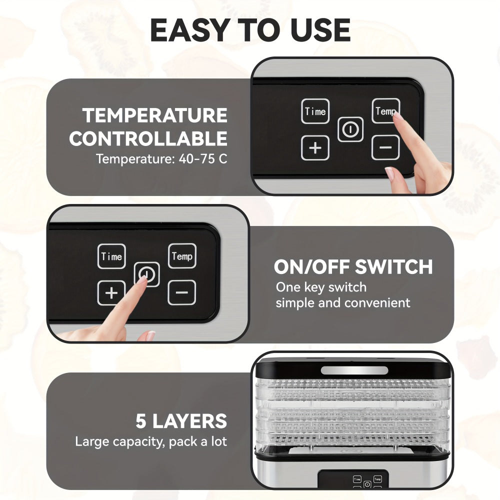 Five-Tray Stackable Food Dehydrator with 240W Heating, 95–158°F Control and Silver or Green Options