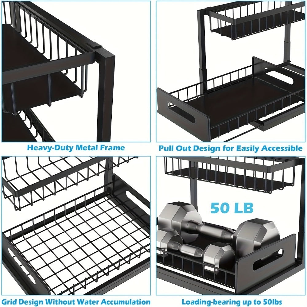 L-Shaped Sliding Drawer Organizer – Heavy-Duty Under Sink Storage Rack, Space-Saving Cabinet Organizer for Kitchen, Bathroom, Garage & Workshop, Large Capacity, Black & White