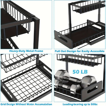 L-Shaped Sliding Drawer Organizer – Heavy-Duty Under Sink Storage Rack, Space-Saving Cabinet Organizer for Kitchen, Bathroom, Garage & Workshop, Large Capacity, Black & White