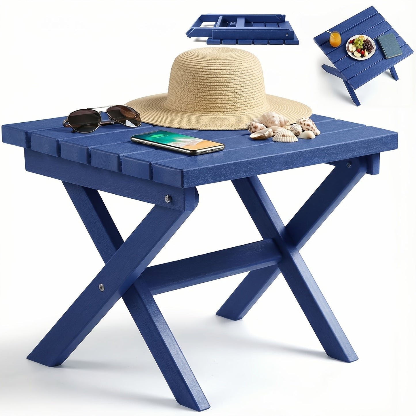 Collapsible Outdoor Side Table with Slatted Square Top and X-Frame in Brown, Gray, Blue, White or Black