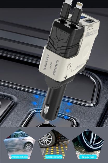 120W Fast Car Charger 4-in-1 with Retractable PD 3.0 Type-C Cable & Multi-Port USB Adapter – Short Circuit & Overheat Protection for iPhone Samsung Galaxy S25 Ultra Huawei Android, 4 Colors Available