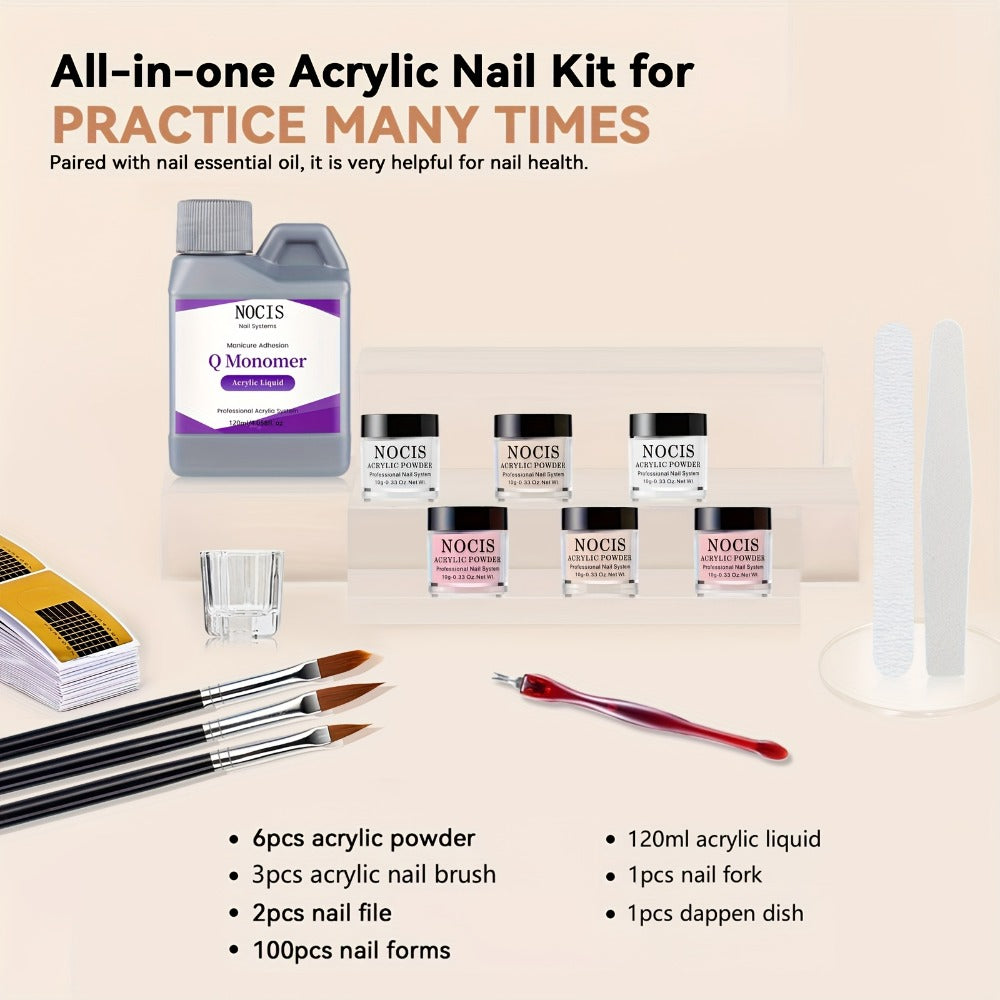 Six-Color Acrylic Nail Powder Set with Monomer Bottle and Application Tool Assortment in Three Set Codes