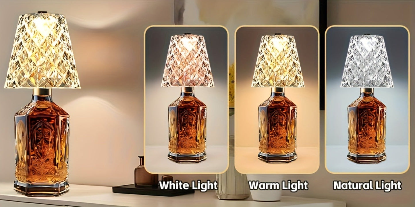 Wireless Wine Bottle Lamp – USB Rechargeable Acrylic Crystal Shade, 3-Color Touch Control Smooth Dimming, 2000mAh Cordless Bottle Light for Bar Decor, Home, Kitchen, Party & Table Ambiance (1pc / 2pcs)